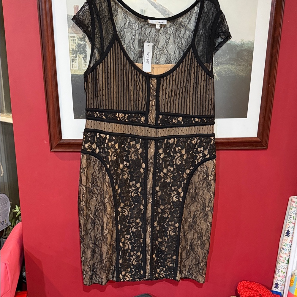 WD.NY Black and Tan Lace Midi Dress